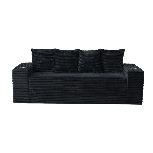 Alt view image 2 of 7 - 77 Inch Frameless Teddy Couch Bed, Corduroy Convertible Sofa with Cup Holders Side Storage and High Density Foam