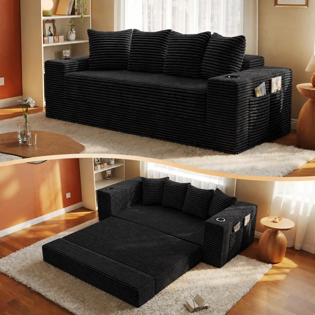Main image of 77 Inch Frameless Teddy Couch Bed, Corduroy Convertible Sofa with Cup Holders Side Storage and High Density Foam