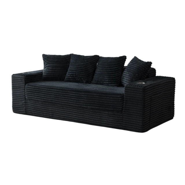 Alt view image 3 of 7 - 77 Inch Frameless Teddy Couch Bed, Corduroy Convertible Sofa with Cup Holders Side Storage and High Density Foam