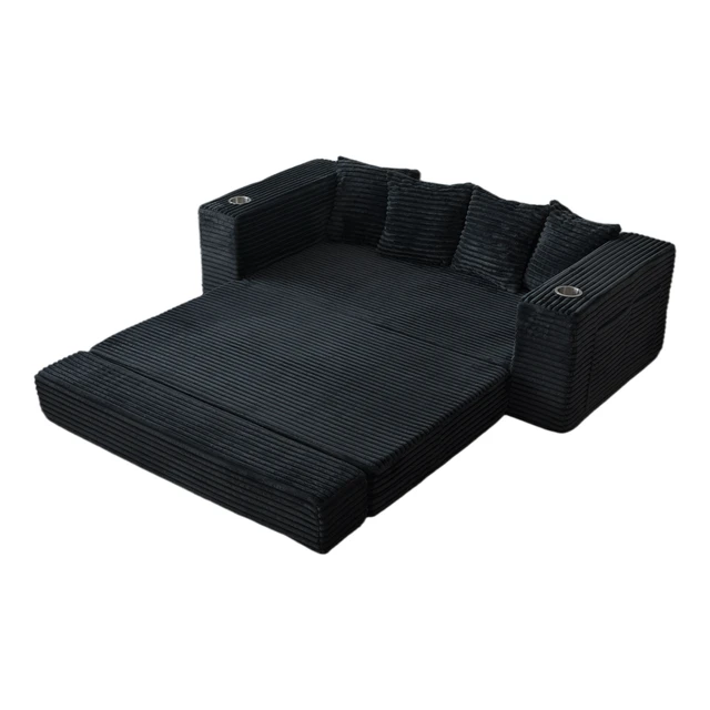 Alt view image 5 of 7 - 77 Inch Frameless Teddy Couch Bed, Corduroy Convertible Sofa with Cup Holders Side Storage and High Density Foam