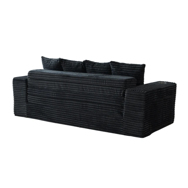Alt view image 4 of 7 - 77 Inch Frameless Teddy Couch Bed, Corduroy Convertible Sofa with Cup Holders Side Storage and High Density Foam