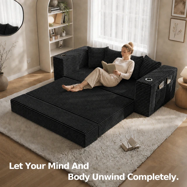 Alt view image 7 of 7 - 77 Inch Frameless Teddy Couch Bed, Corduroy Convertible Sofa with Cup Holders Side Storage and High Density Foam