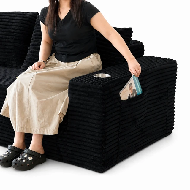 Alt view image 6 of 7 - 77 Inch Frameless Teddy Couch Bed, Corduroy Convertible Sofa with Cup Holders Side Storage and High Density Foam