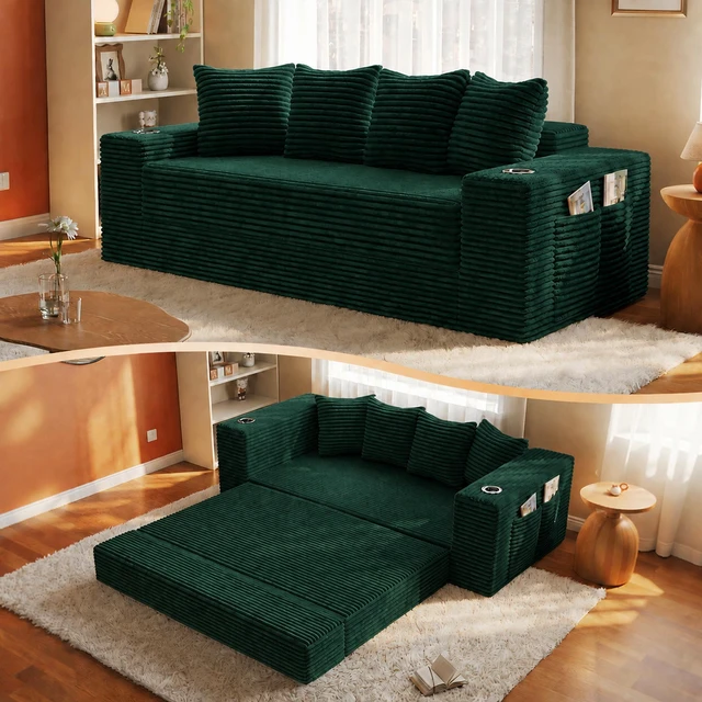 Main image of 77 Inch Frameless Teddy Couch Bed, Corduroy Convertible Sofa with Cup Holders Side Storage and High Density Foam