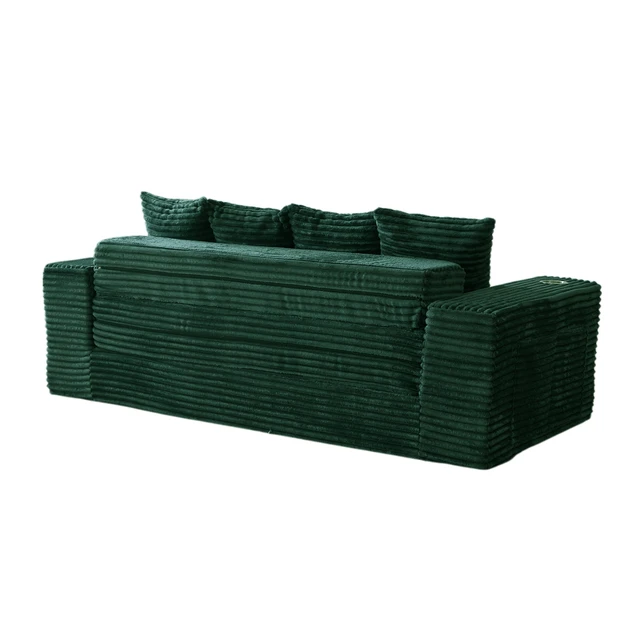 Alt view image 4 of 7 - 77 Inch Frameless Teddy Couch Bed, Corduroy Convertible Sofa with Cup Holders Side Storage and High Density Foam