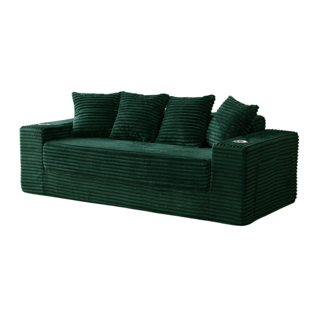 Alt view image 2 of 7 - 77 Inch Frameless Teddy Couch Bed, Corduroy Convertible Sofa with Cup Holders Side Storage and High Density Foam