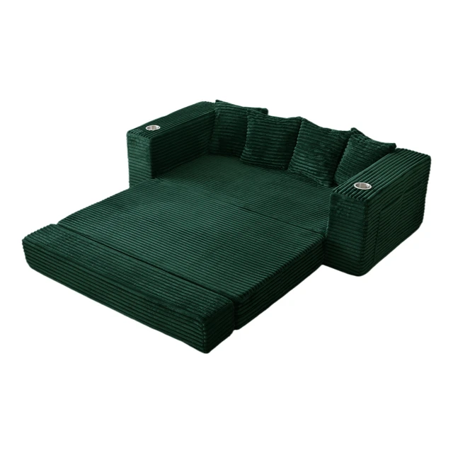 Alt view image 3 of 7 - 77 Inch Frameless Teddy Couch Bed, Corduroy Convertible Sofa with Cup Holders Side Storage and High Density Foam