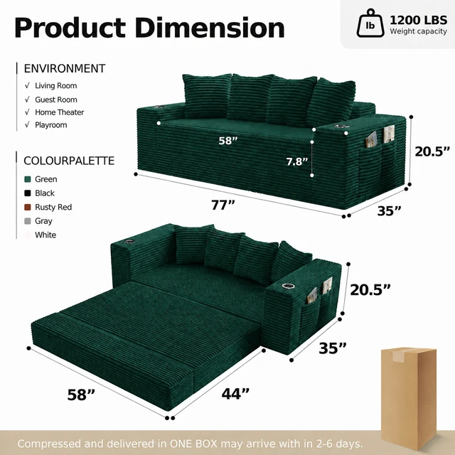 Alt view image 7 of 7 - 77 Inch Frameless Teddy Couch Bed, Corduroy Convertible Sofa with Cup Holders Side Storage and High Density Foam
