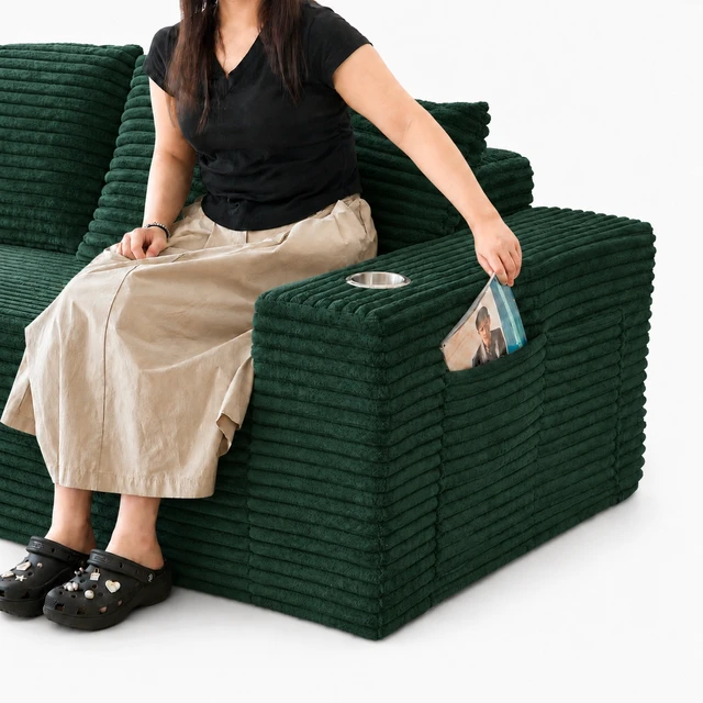Alt view image 6 of 7 - 77 Inch Frameless Teddy Couch Bed, Corduroy Convertible Sofa with Cup Holders Side Storage and High Density Foam