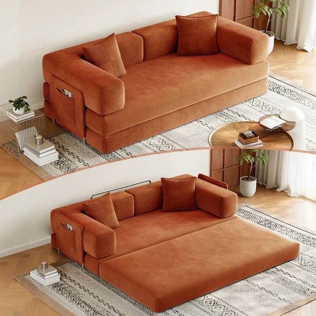 Main image of 79 Inch Teddy Couch Convertible Sleeper Sofa Bed, Corduroy Floor Sofa with High Density Foam Metal Back and Arm
