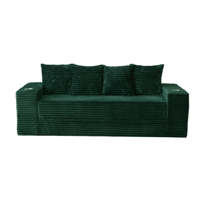 Alt view image 5 of 7 - 77 Inch Frameless Teddy Couch Bed, Corduroy Convertible Sofa with Cup Holders Side Storage and High Density Foam