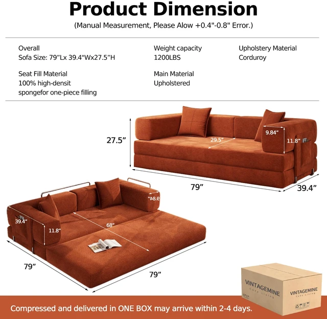 Alt view image 3 of 7 - 79 Inch Teddy Couch Convertible Sleeper Sofa Bed, Corduroy Floor Sofa with High Density Foam Metal Back and Arm