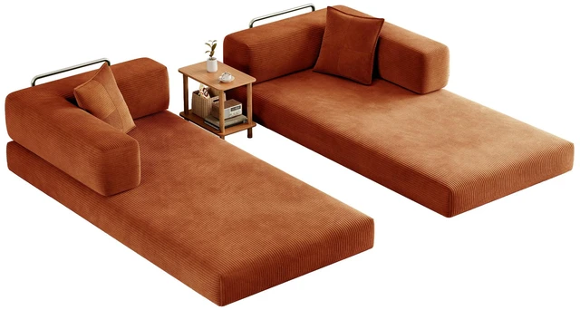 Alt view image 5 of 7 - 79 Inch Teddy Couch Convertible Sleeper Sofa Bed, Corduroy Floor Sofa with High Density Foam Metal Back and Arm