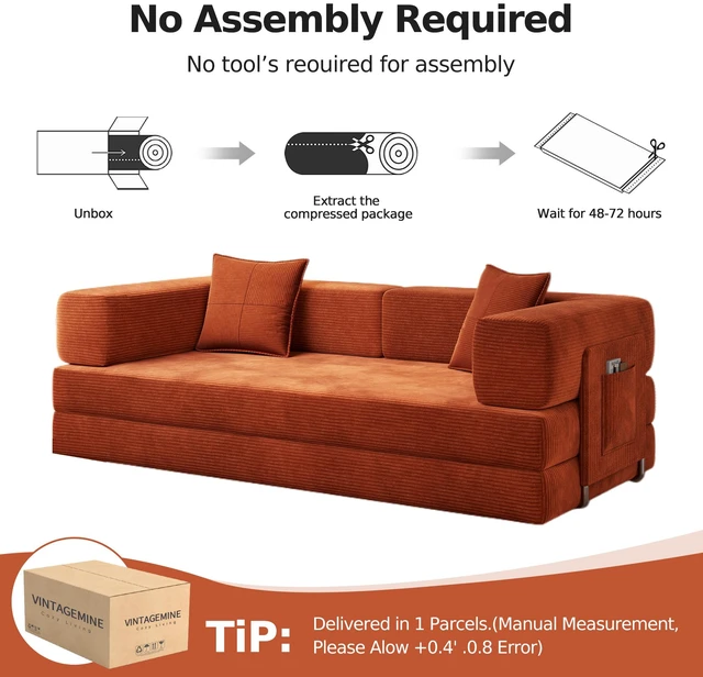 Alt view image 2 of 7 - 79 Inch Teddy Couch Convertible Sleeper Sofa Bed, Corduroy Floor Sofa with High Density Foam Metal Back and Arm