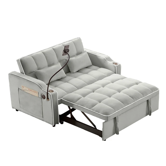 Alt view image 2 of 7 - Foldable Double Seat Recliner, Velvet Pull-Out Sleeper Sofa Bed with Side Pockets USB Port Swivel Phone Stand Ashtray