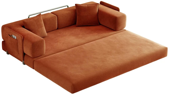 Alt view image 4 of 7 - 79 Inch Teddy Couch Convertible Sleeper Sofa Bed, Corduroy Floor Sofa with High Density Foam Metal Back and Arm