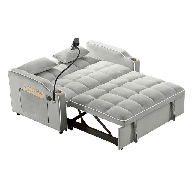 Alt view image 3 of 7 - Foldable Double Seat Recliner, Velvet Pull-Out Sleeper Sofa Bed with Side Pockets USB Port Swivel Phone Stand Ashtray