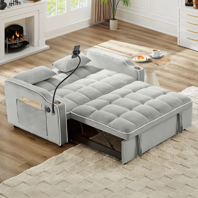 Alt view image 4 of 7 - Foldable Double Seat Recliner, Velvet Pull-Out Sleeper Sofa Bed with Side Pockets USB Port Swivel Phone Stand Ashtray
