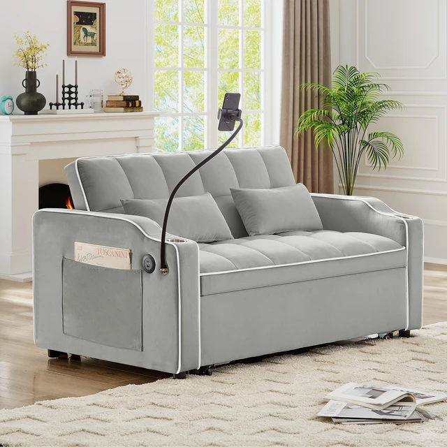Alt view image 5 of 7 - Foldable Double Seat Recliner, Velvet Pull-Out Sleeper Sofa Bed with Side Pockets USB Port Swivel Phone Stand Ashtray
