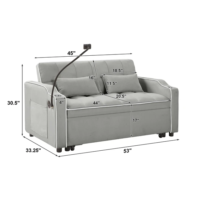 Alt view image 6 of 7 - Foldable Double Seat Recliner, Velvet Pull-Out Sleeper Sofa Bed with Side Pockets USB Port Swivel Phone Stand Ashtray