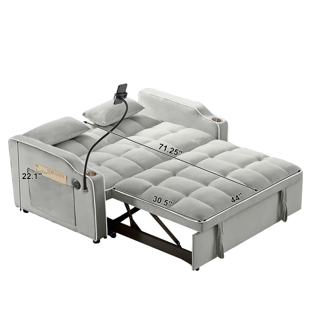 Alt view image 7 of 7 - Foldable Double Seat Recliner, Velvet Pull-Out Sleeper Sofa Bed with Side Pockets USB Port Swivel Phone Stand Ashtray