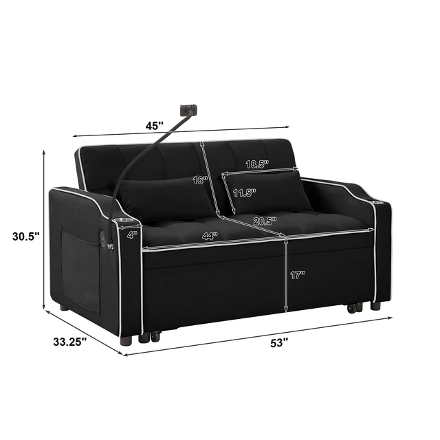 Alt view image 2 of 7 - Foldable Double Seat Recliner, Velvet Pull-Out Sleeper Sofa Bed with Side Pockets USB Port Swivel Phone Stand Ashtray