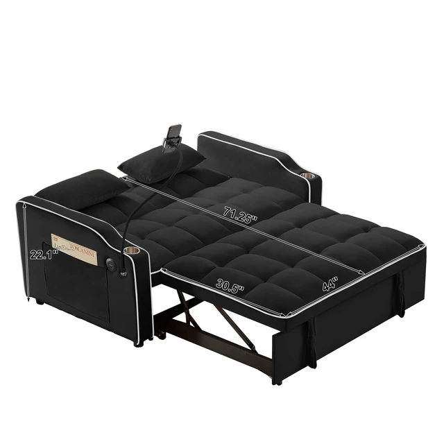 Alt view image 3 of 7 - Foldable Double Seat Recliner, Velvet Pull-Out Sleeper Sofa Bed with Side Pockets USB Port Swivel Phone Stand Ashtray