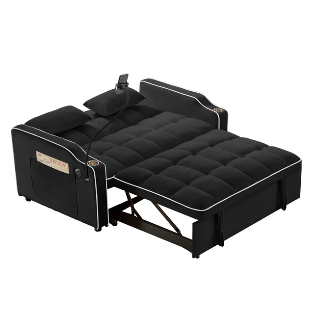 Alt view image 4 of 7 - Foldable Double Seat Recliner, Velvet Pull-Out Sleeper Sofa Bed with Side Pockets USB Port Swivel Phone Stand Ashtray