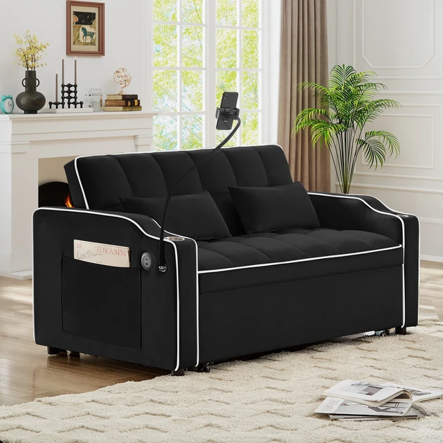 Alt view image 5 of 7 - Foldable Double Seat Recliner, Velvet Pull-Out Sleeper Sofa Bed with Side Pockets USB Port Swivel Phone Stand Ashtray