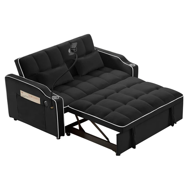 Alt view image 7 of 7 - Foldable Double Seat Recliner, Velvet Pull-Out Sleeper Sofa Bed with Side Pockets USB Port Swivel Phone Stand Ashtray