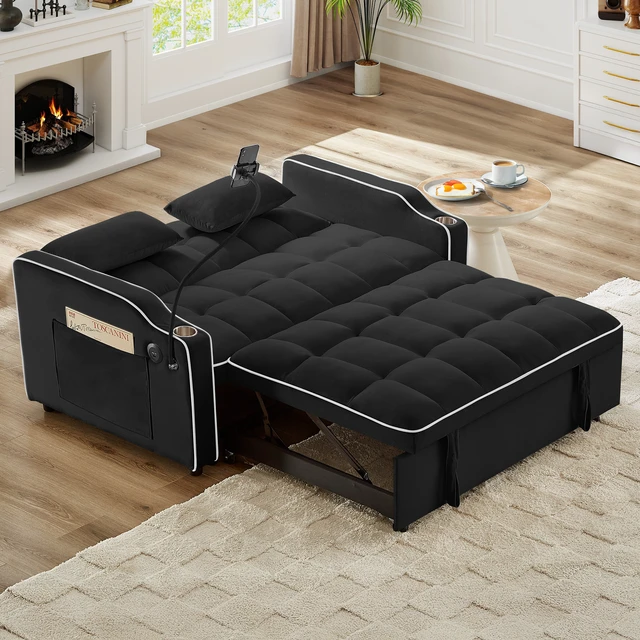 Alt view image 6 of 7 - Foldable Double Seat Recliner, Velvet Pull-Out Sleeper Sofa Bed with Side Pockets USB Port Swivel Phone Stand Ashtray
