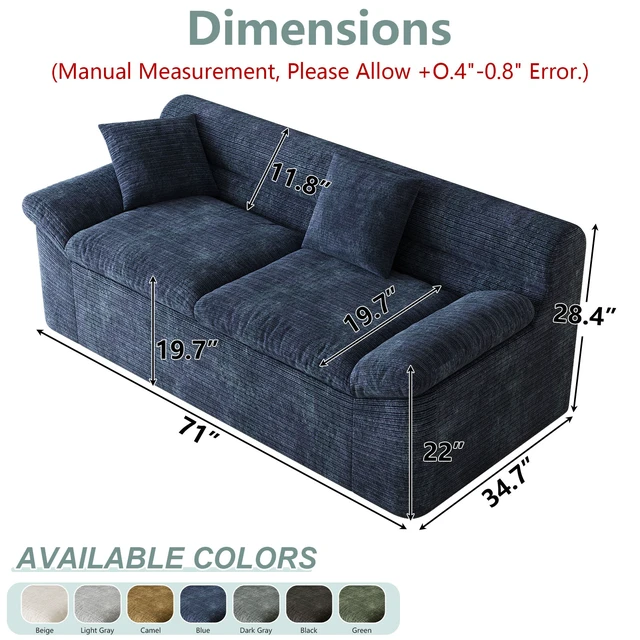 Alt view image 2 of 5 - Inch3setaser Sofa, Chenille Deep Seat Couches Loveseat Sofa Assembly 1 pcs for Living Conference, Aged Blue, Foam