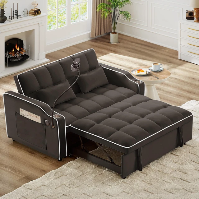 Main image of Foldable Double Seat Recliner, Velvet Pull-Out Sleeper Sofa Bed with Side Pockets USB Port Swivel Phone Stand Ashtray