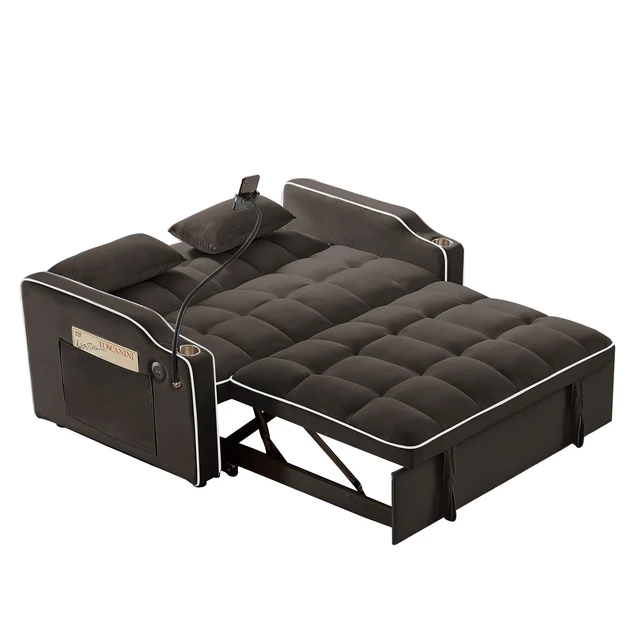 Alt view image 3 of 6 - Foldable Double Seat Recliner, Velvet Pull-Out Sleeper Sofa Bed with Side Pockets USB Port Swivel Phone Stand Ashtray