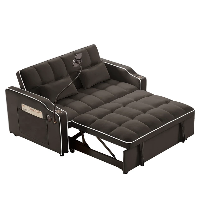 Alt view image 2 of 6 - Foldable Double Seat Recliner, Velvet Pull-Out Sleeper Sofa Bed with Side Pockets USB Port Swivel Phone Stand Ashtray
