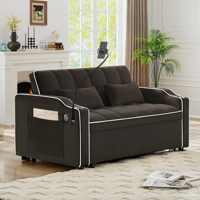 Alt view image 4 of 6 - Foldable Double Seat Recliner, Velvet Pull-Out Sleeper Sofa Bed with Side Pockets USB Port Swivel Phone Stand Ashtray