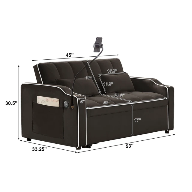 Alt view image 5 of 6 - Foldable Double Seat Recliner, Velvet Pull-Out Sleeper Sofa Bed with Side Pockets USB Port Swivel Phone Stand Ashtray
