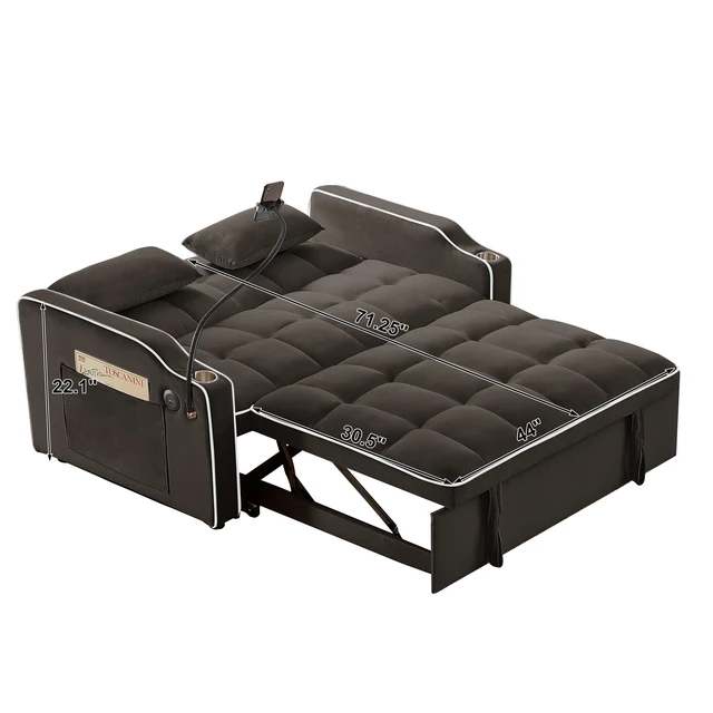 Alt view image 6 of 6 - Foldable Double Seat Recliner, Velvet Pull-Out Sleeper Sofa Bed with Side Pockets USB Port Swivel Phone Stand Ashtray