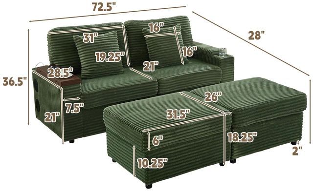 Alt view image 2 of 7 - Double Chaise Lounge with Two Storage Ottomans, Corduroy Sofa with Cup Holders USB Port Storage Space and Bluetooth