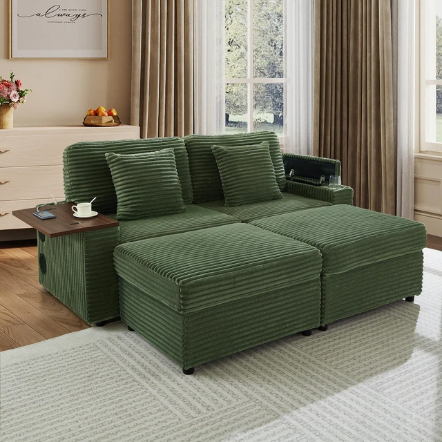 Main image of Double Chaise Lounge with Two Storage Ottomans, Corduroy Sofa with Cup Holders USB Port Storage Space and Bluetooth