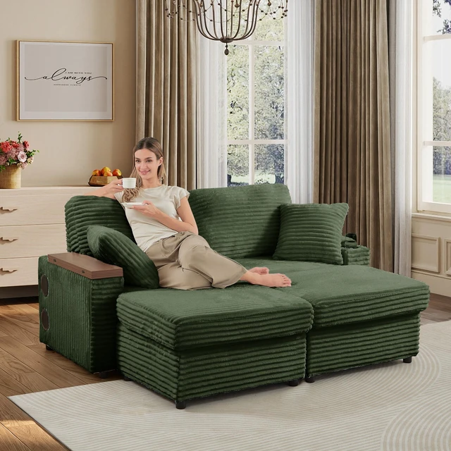 Alt view image 3 of 7 - Double Chaise Lounge with Two Storage Ottomans, Corduroy Sofa with Cup Holders USB Port Storage Space and Bluetooth