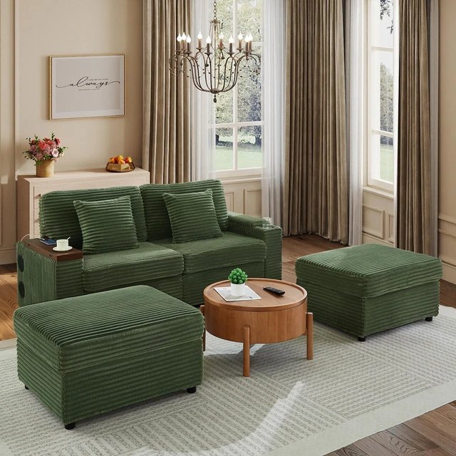 Alt view image 4 of 7 - Double Chaise Lounge with Two Storage Ottomans, Corduroy Sofa with Cup Holders USB Port Storage Space and Bluetooth