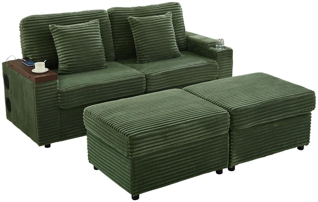 Alt view image 5 of 7 - Double Chaise Lounge with Two Storage Ottomans, Corduroy Sofa with Cup Holders USB Port Storage Space and Bluetooth