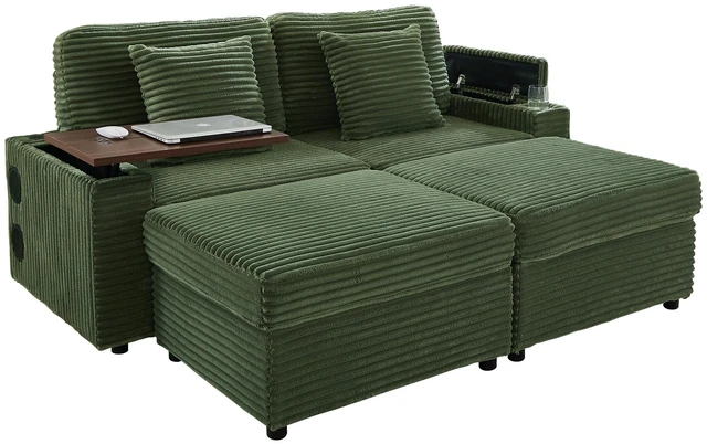 Alt view image 7 of 7 - Double Chaise Lounge with Two Storage Ottomans, Corduroy Sofa with Cup Holders USB Port Storage Space and Bluetooth