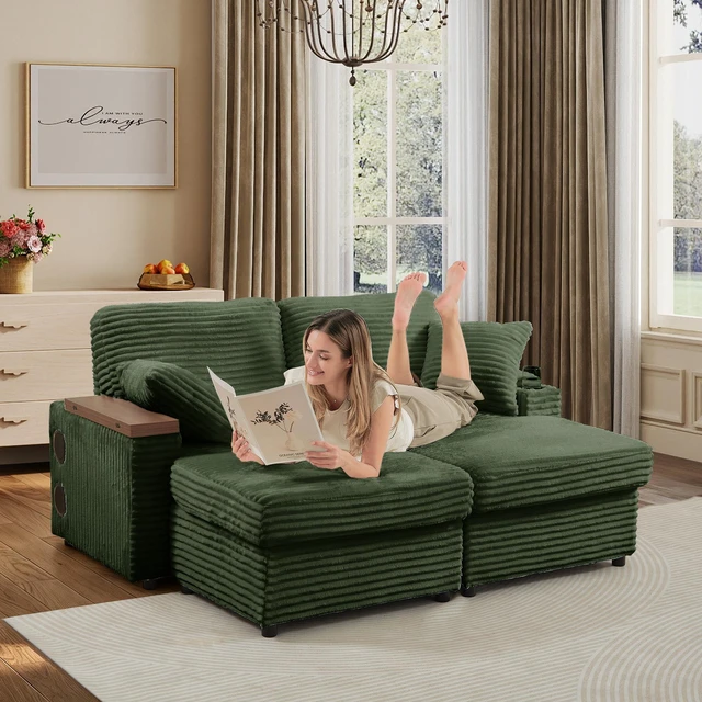 Alt view image 6 of 7 - Double Chaise Lounge with Two Storage Ottomans, Corduroy Sofa with Cup Holders USB Port Storage Space and Bluetooth