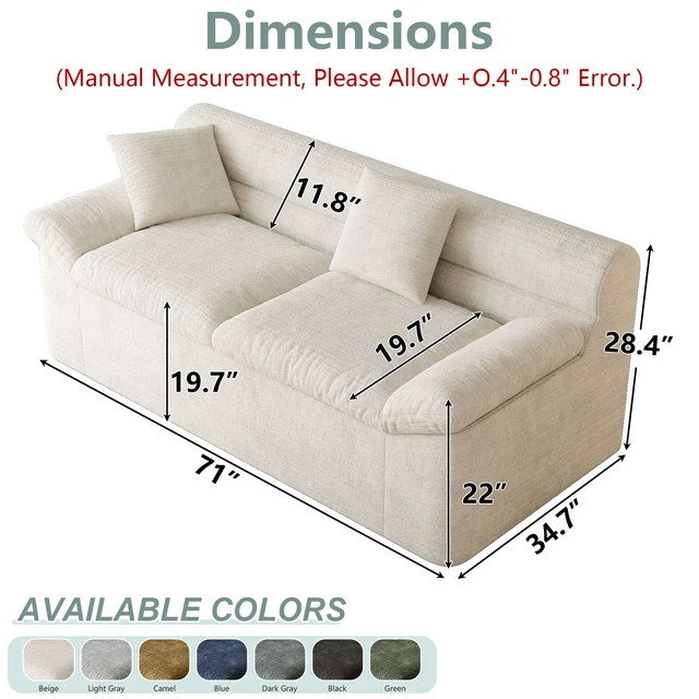 Alt view image 5 of 5 - Inch3setaser Sofa, Chenille Deep Seat Couches Loveseat Sofa Assembly 1 pcs for Living Conference, Cream White, Foam