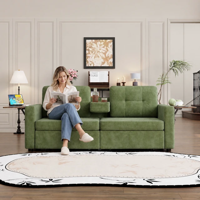 Alt view image 2 of 7 - Loveseat Sofa for Living, Chenille Fabric Couch with Pull-Out Storage Drawers Foldable Side Tables Cup Holder Console