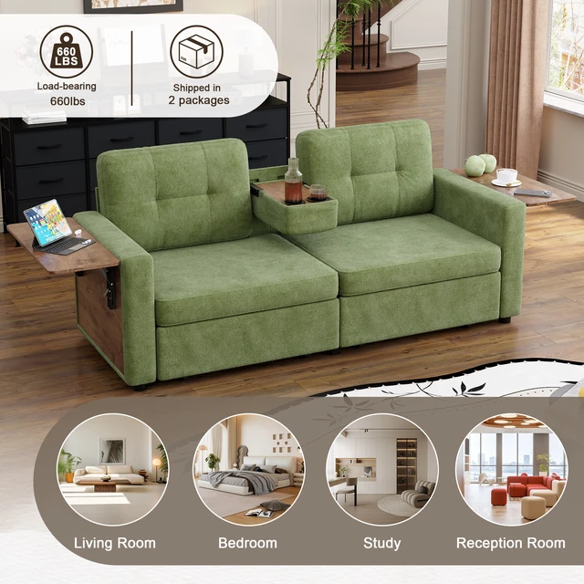 Alt view image 5 of 7 - Loveseat Sofa for Living, Chenille Fabric Couch with Pull-Out Storage Drawers Foldable Side Tables Cup Holder Console