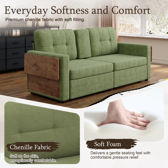 Alt view image 4 of 7 - Loveseat Sofa for Living, Chenille Fabric Couch with Pull-Out Storage Drawers Foldable Side Tables Cup Holder Console