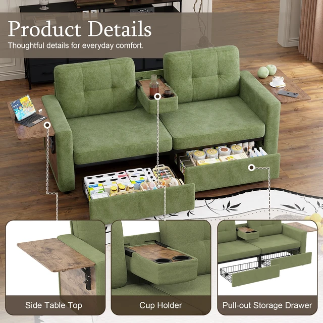 Alt view image 3 of 7 - Loveseat Sofa for Living, Chenille Fabric Couch with Pull-Out Storage Drawers Foldable Side Tables Cup Holder Console